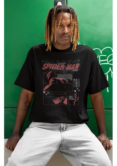 Tasarım Spiderman Örümcek Adam Baskılı Unisex Oversize Peter Park Siyah