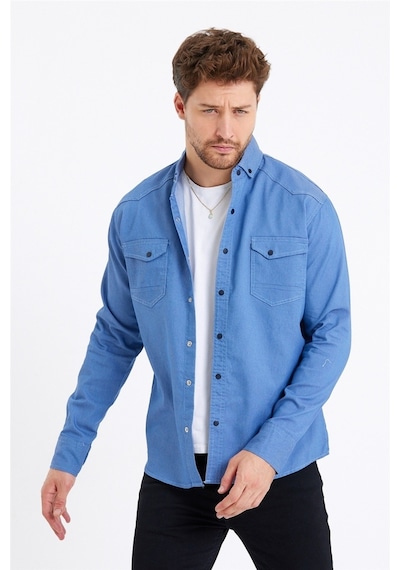 Tarz Cool Erkek Çift Cepli Çıt Çıt Düğmeli Slim Fit Kot Gömlek Mavi
