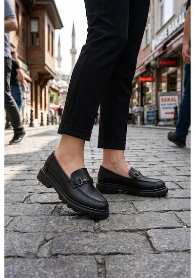 Fort Ventes 35838 Siyah Cilt Toka Detaylı Rahat Loafer Kadın Ayakkabı