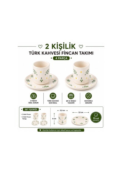 El Yapımı Seramik Türk Kahvesi Fincan Takımı,2 Kişilik-4 Parça Fincan Seti,75 Ml Çok Renkli - Papatya Desen