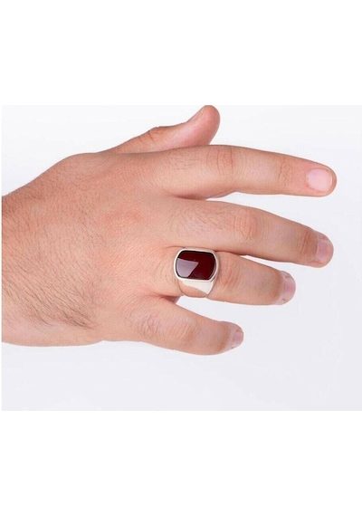 Takılingo Bordo Akik Taşlı Sade Model Erkek Yüzük Gümüş