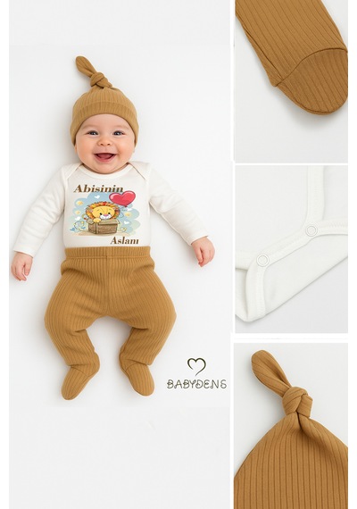 Babyden's Abisinin Aslanı Yazılı 3 Lü Bebek Takımı Uzun Kollu Çıtçıtlı Body,fitilli Patikli Pantolon Şapka Set Açık Kahverengi