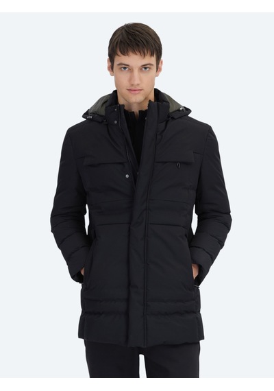 Kip Siyah Regular Fit Kapüşonlu Casual Dokuma Kaban Siyah -