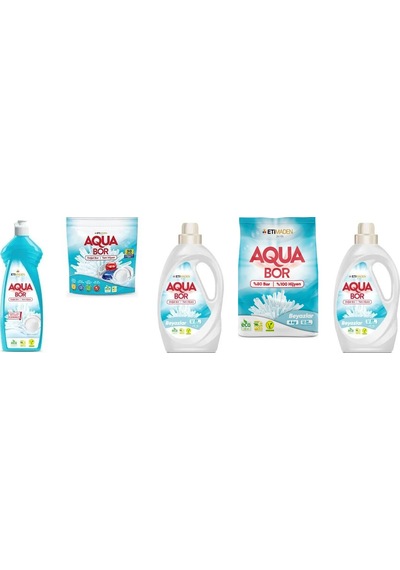 Aquabor Doğal Mineralli Bulaşık + Tablet + Sıvı Beyaz + 4kg Beyaz + Sıvı Beyaz Set 0.75 LT - 2.5 LT - 12 KG