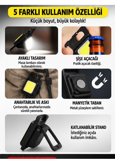 Mucit Home Mini Cep Led Anahtarlık El Feneri Usb Şarjlı Çok Amaçlı Taşınabilir Lamba, Kamp Feneri, Şişe Açacaklı Çok Renkli