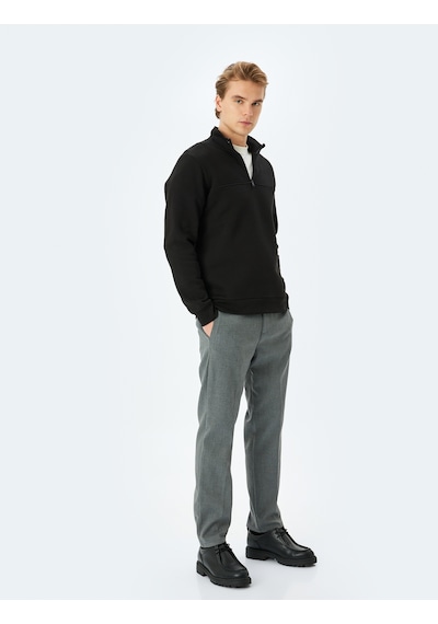 Koton Uzun Kollu Pamuk Karışımlı Basic Yarım Fermuarlı Sweatshirt Siyah 5wam70255mk Siyah