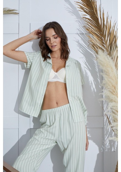 Sevim Kadın Kısa Kol Önden Düğmeli Su Yeşili Pijama Takım C6t2n951 001