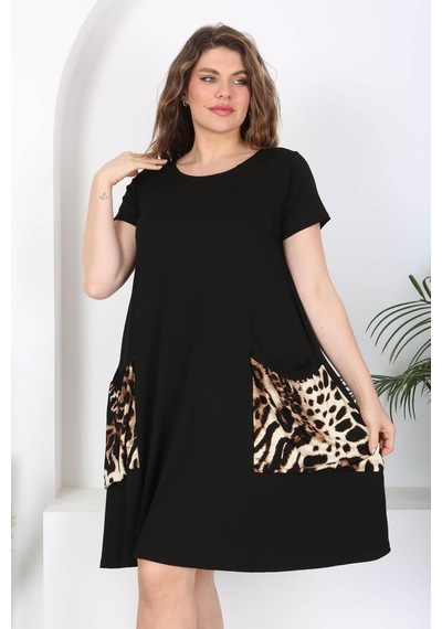 Mooi Xxl Kadın Siyah Kahve Leopar Desen Cepli Standart Beden Esnek Viskon Elbise