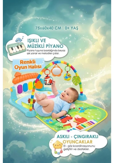 Hayvanlı Orkestra Temalı 4'ü 1 Arada Müzikli Işıklı Sesli Oyuncaklı Piyanolu Aksesuarlı Oyuncak Halı