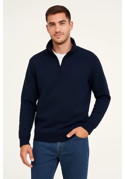 Barlashive Erkek Dik Yaka Sweatshirt Dik Yaka Yarım Fermuarlı 3 İplik Pamuk Kumaş - Lacivert Çok Renkli