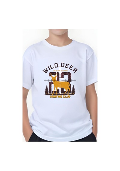 Panios Kids Hunting Club Baskılı Erkek Çocuk Yuvarlak Yaka Kısa Kollu T-shirt Beyaz