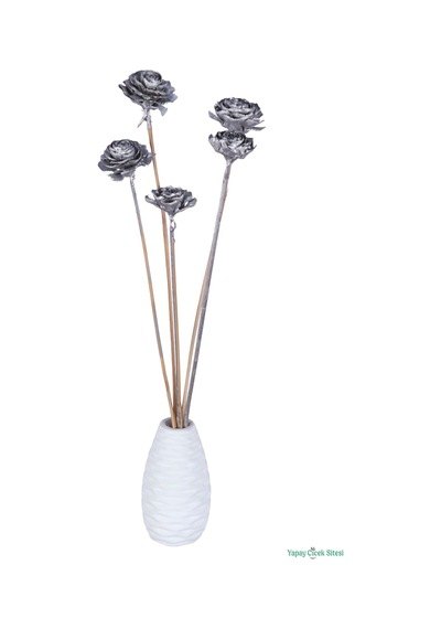 Yapay Çiçek Sitesi Kuru Çiçek Doğal Cedar Rose Gül 40 Cm 5li Gümüş Naturel