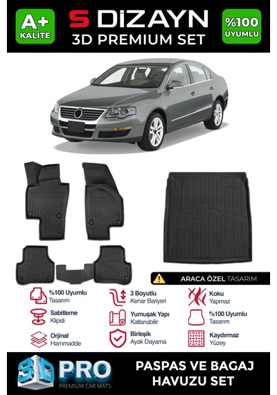 S-dizayn Vw Passat B6 3d Pro Havuzlu Paspas Ve Bagaj Havuzu Seti 2'li Set 2005-2010 A+ Kalite