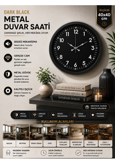 Almira Duvar Saati Pure Dark Black 40 Cm Metal Duvar Saati Siyah