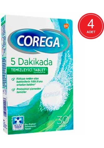 Corega 5 Dakikada Protez Temizleyici Tablet 30'lu x 4 Paket