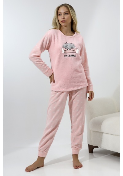 Wordex Fawn 5006 Peluş Welsoft Polar Kışlık Yumoş Kadın Pijama Takımı Uyuyan Kedili Pembe