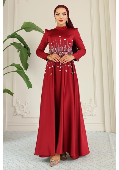 Olcay Kloş Önü Taş Desenli Saten Tesettür Abiye Elbise Bordo 1680