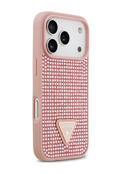 Apple Uyumlu iPhone 17 Pro Kılıf Guess Lisanslı Taşlı Arka Yüzey Üçgen Logolu Kapak Pembe