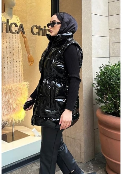 Hb Harma Time Butik Kadın Fermuarlı Çıt Çıtlı Cepli Siyah Parlak Şişme Yelek
