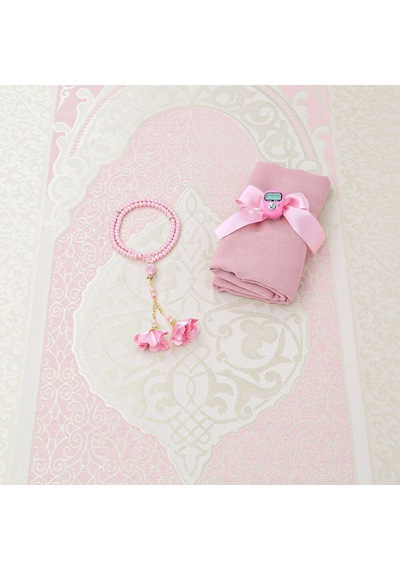 İpek Nur Tafta Seccade Pembe & İnci Tesbih Güllü Pembe & Pembe Şal & Zikirmatik Çok Renkli