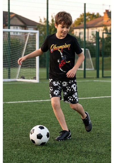 Zuzunga Erkek Çocuk Champion Futbol Baskılı Şort Alt - Üst Takım Beyaz - Siyah