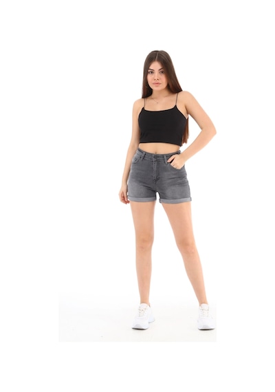 Cedy Denim Kadın Yüksek Bel Duble Paça Kot Şort Klasik Mini Jean Şort C604 GRİ