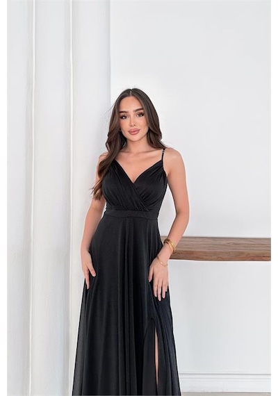 Neşeli Butik Kadın Ayarlanabilir Askılı Yırtmaçlı Tül Abiye Elbise Rys9276 Siyah