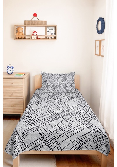 Gri Geometrik Genç Odası Tek Kişilik Pike Takımı - Antrasit Çizgili 160x220 Cm Kapitone Yatak Örtüsü Mavi