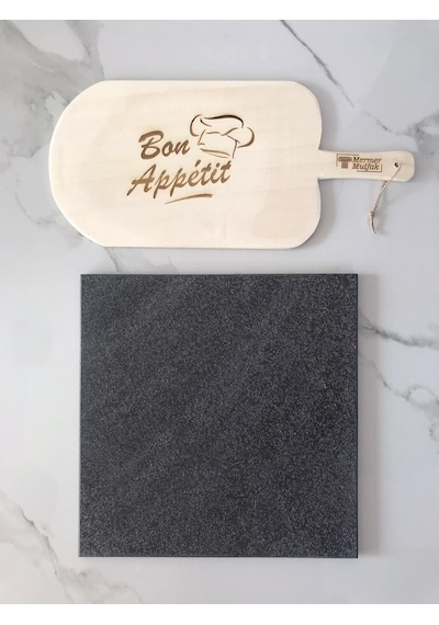Tr Doğal Bazalt Fırın Taşı 30x30cm &amp Ahşap Fırın Küreği - Fırın Tasi, Pizza Tasi, Ekmek Tasi, Mangal T