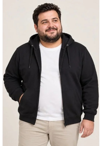 Butik İstanbul Erkek Battal Büyük Beden Üç İplik İçi Şardonlu Kapüşonlu Tam Fermuarlı Kışlık Sweatshirt - Siyah