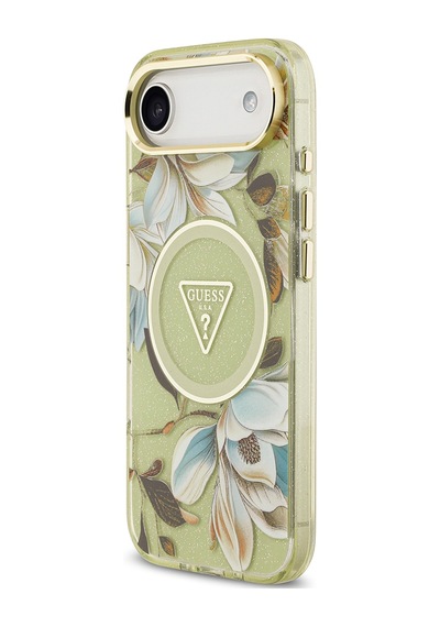 Apple Uyumlu iPhone 17 Air Kılıf Guess Lisanslı M-safeli Simli Çiçek Desenli Metal Kamera Çerçeveli Kapak Yeşil Yeşil