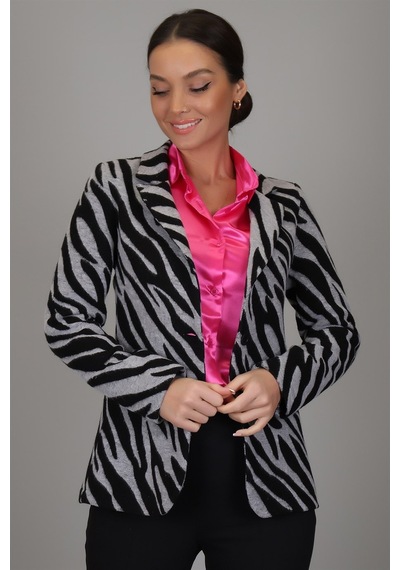 Sweetness Kadın Siyah Gri Zebra Desenli Astarsız Tek Düğme Ceket Gri