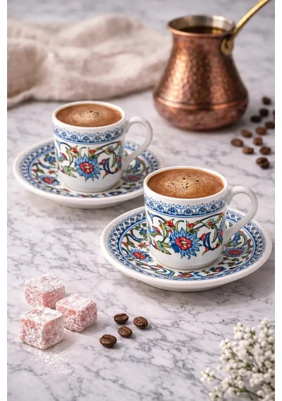 Topkapı 6 Lı Porselen Türk Kahve Fincan Takımı 12 Parça 5x5 Cm Hediyelik Set Mavi