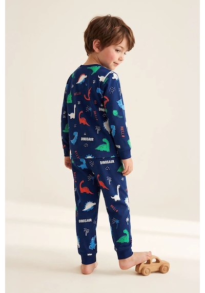 Zuzunga Hello Dino Desenli Uzun Kollu Erkek Çocuk İnterlok Pijama Takımı Lacivert