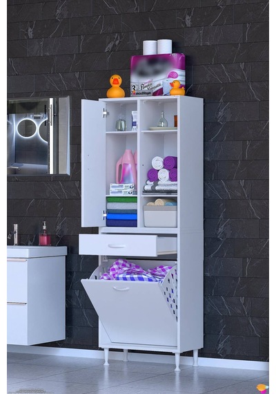 Afra 55 Cm 1 Gözlü Kirli Çamaşır Sepet, 1 Kapak Ve Çekmeceli 6 Raflı Çok Amaçlı Banyo Dolabı Beyaz Afra 55 Cm 1 Gözlü Kirli Çamaşır Sepet, 1 Kapak Ve Çekmeceli 6 Raflı Çok Amaçlı Banyo Dolabı Beyaz
