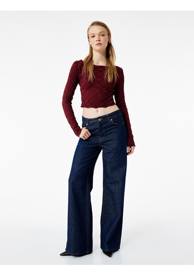 Koton Uzun Kollu Dokulu Kayık Yaka Slim Fit Crop Tişört Bordo 6wal10091ık Bordo