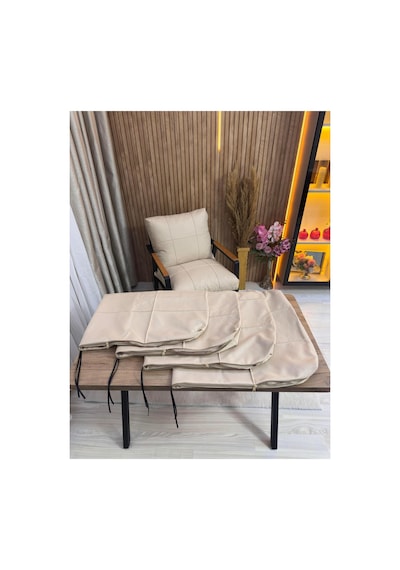 Outdoor Kumaş,bahçe Minderi,balkon Minderi,koruyucu Kılıf , 2-1-1 Takıma Uygun 4 Adet Pofuduk Model ,minder Kılıfı Ekru