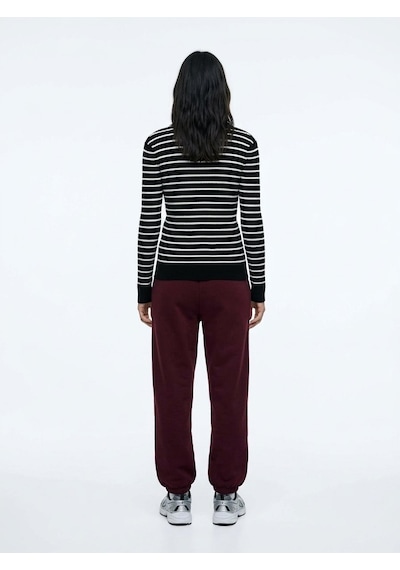 LTB Slim Fit Yaka Detaylı Çizgili Siyah Kazak