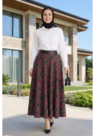 Hb Harma Time Butik Kadın Bordo Desenli Kemerli Etek Bordo Bordo