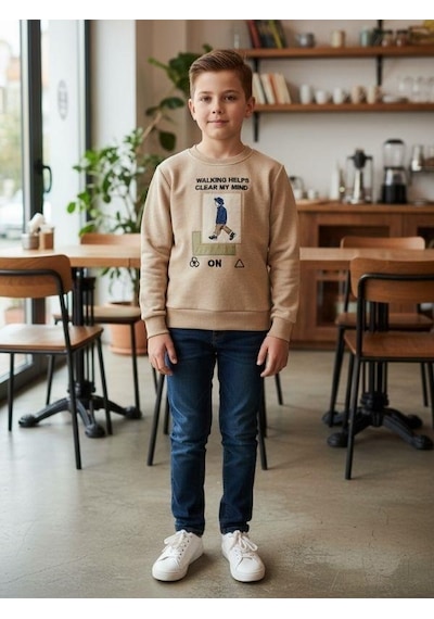 Zekids Erkek Çocuk Pamuklu Clear My Mind Yazılı Batik Desenli Sweatshirt-16333 Bej