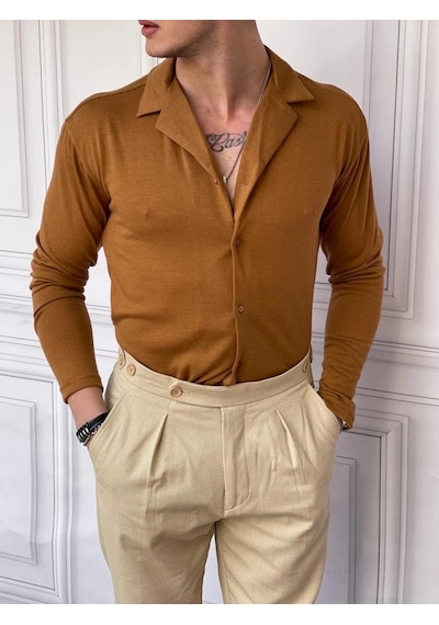 Modefendi Slim Fit %100 Pamuk Triko Kumaş Gömlek Kiremit