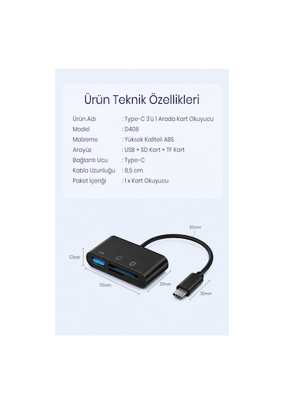 Type-c 3ü 1 Arada Kart Okuyucu Hub, Sd Microsd Tf Kart Ve Usb 2.0 Girişli Otg Adaptör, Apple Macbook Uyumlu Telefon Pc , Fotoğraf Video Dosya Aktarımı, Tak Çalıştır D408