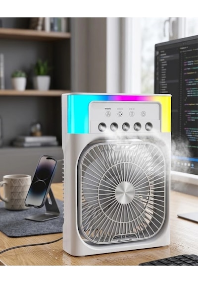 Hubrendy Tekno Su Püskürtmeli Mini Klima Fan Usb Şarjlı Masaüstü Soğutucu Rgb Işıklı
