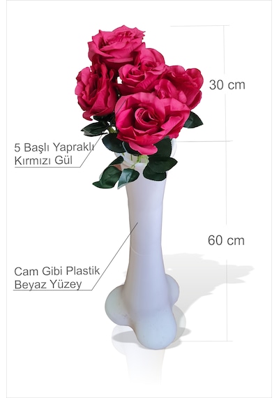 En Uzun Büyük Kırmızı 5 Gül Beyaz 60 Cm Kırılmaz İnce Belli Vazo