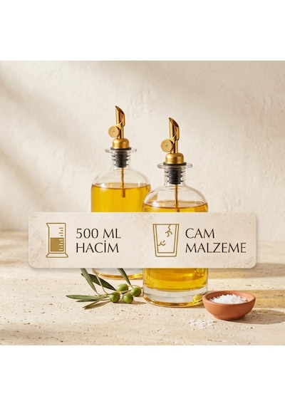 2'li Lüks Cam Yağdanlık Ve Sirkelik Seti - 500 Ml Altın Renkli Metal Başlıklı Akıtmaz Sızdırmaz Mutfak Sosluk Diğer