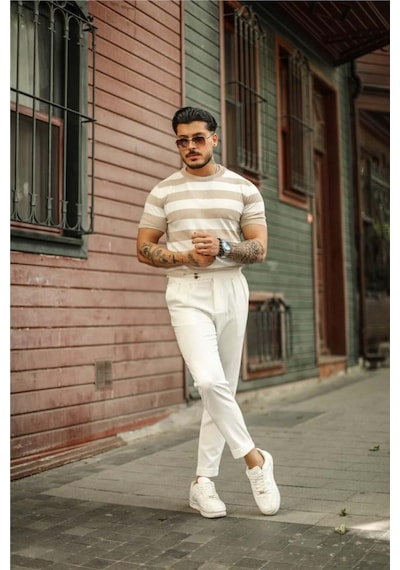 Erkek Yuvarlak Yaka Örme T-shirt Beyaz-vizon