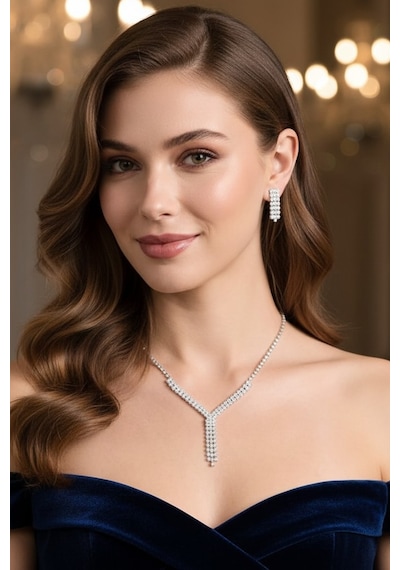 Valmont Accessories 39+4 Cm Ayarlanabilir Kristal Taşlı Şık Y Model Düğün, Kına, Nişan Gelin Takı Seti Gümüş