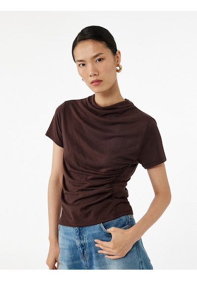 Koton Slim Fit Büzgülü Kısa Kollu Dik Yaka Bluz Kahverengi 6wak70002ek Kahve