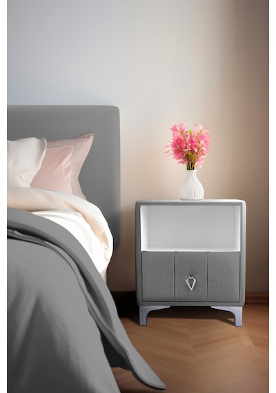 Singular Silver Iki Çekmeceli Açık Gri Komodin- Raflı Kumaş Döşemeli Yatak Odası Komodin Modeli Singular Silver Iki Çekmeceli Açık Gri Komodin- Raflı Kumaş Döşemeli Yatak Odası Komodin Modeli