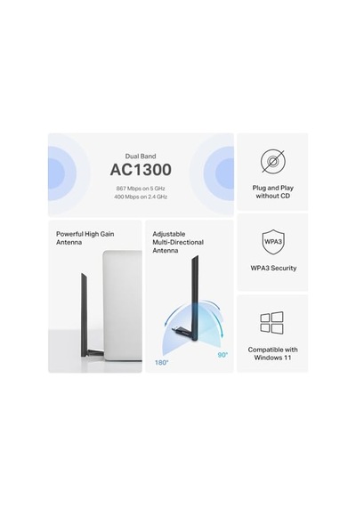 Mercusys Ma30h, Ac1300 Mbps, Çift Bant, Usb 3.0, Yüksek Çekim Güçlü Wi-fi 5 Usb Adaptör